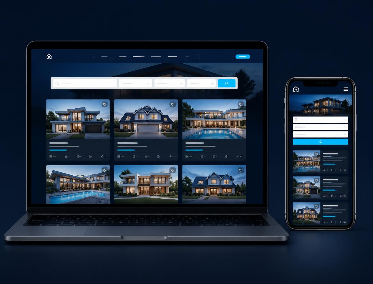 Página web inmobiliaria de un corredor mostrada en un computador y un teléfono
